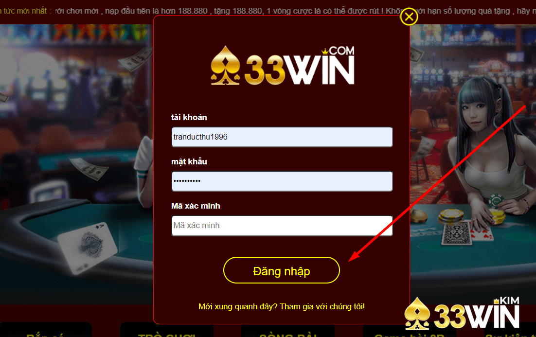 Hoàn tất thao tác đăng nhập 33win