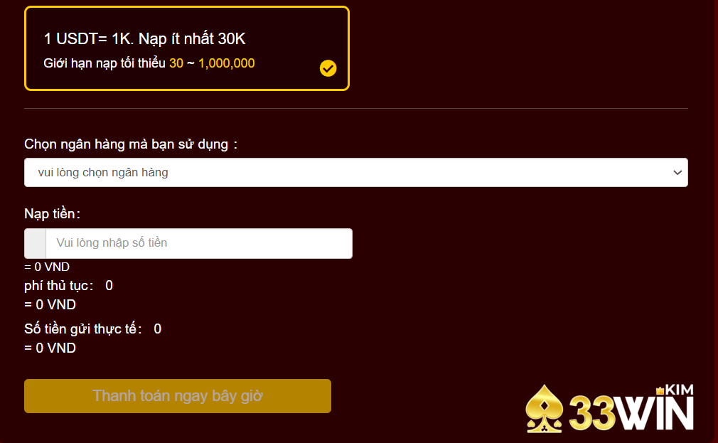 Hướng dẫn nạp tiền qua USDT tại 33win