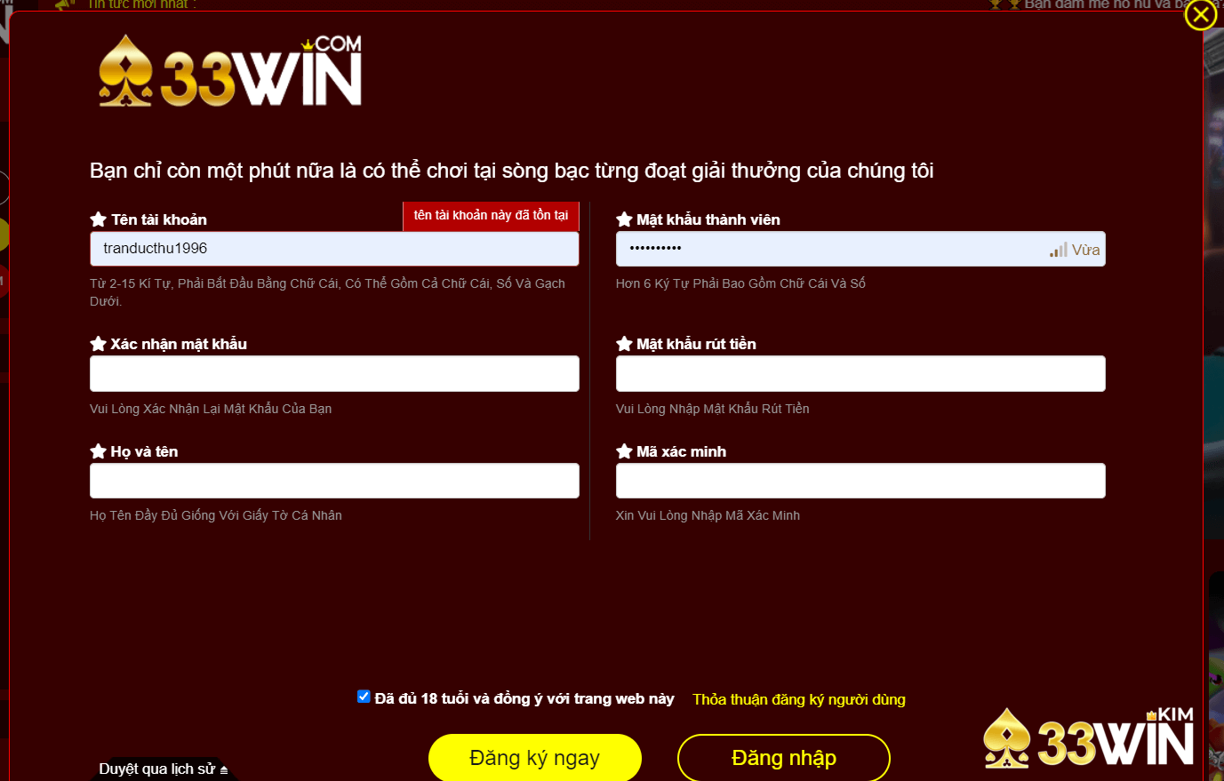 Xác nhận đăng ký tài khoản 33win