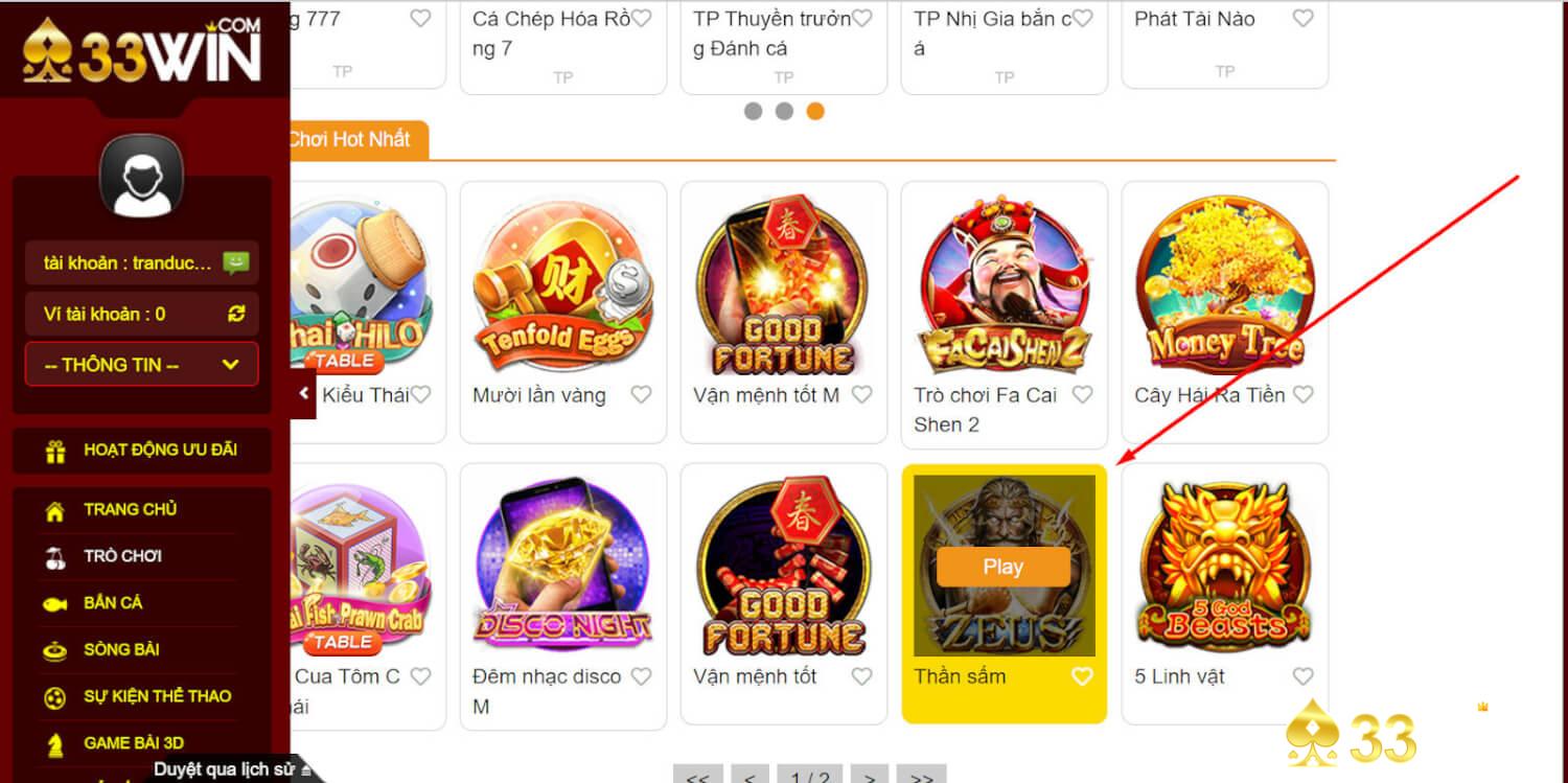 Lựa chọn game nổ hũ và tiến hành quay thưởng